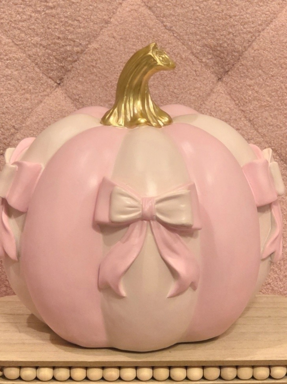 Coquette Pink and Cream Pumpkin w/Bow Accents & Gold Stem -Pink-Halloween Decor